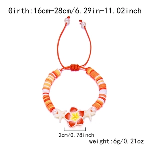 Bohemian adjustable cord bracelet with orange polymer clay beads and plumeria flower