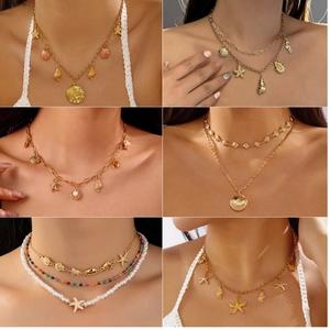 Women Gold Alloy Ocean Theme Necklace Shell Starfish Sea Turtle Pendant Faux Artificial Pearl Layered Beach Vacation Jewelry