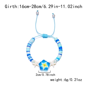 Detail of adjustable blue bead bracelet with hibiscus flower and seashell starfish