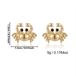 Detailed view of crab stud earrings with gold finish and measurements of 1.3cm