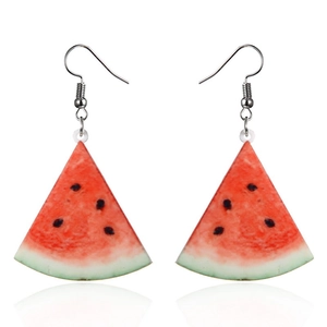 Creative handmade watermelon slice drop earrings with silver hooks and red resin charm