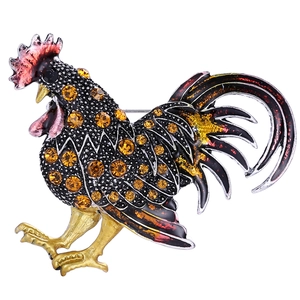 Broche coq faite main en alliage avec émail coloré et strass brillants décoratifs
