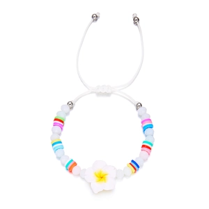 Detail of bohemian woven bracelet with plumeria flower and colorful heishi beads