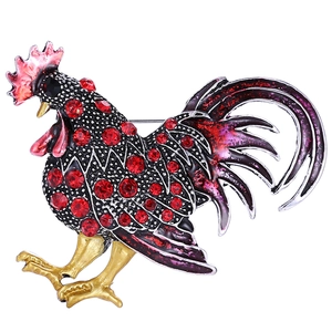 Broche de coq faite main en alliage avec émail coloré et strass rouges étincelants