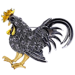 Broche coq en alliage avec strass brillants et détails en émail noir élégant