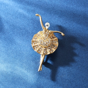 Close-up of ballet dancer brooch featuring gold alloy base and sparkling white rhinestones