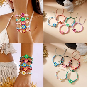 Bohemian Plumeria Flower Bracelet Multicolor Polymer Clay Beaded Starfish Adjustable Drawstring Summer Beach Jewelry For Women
