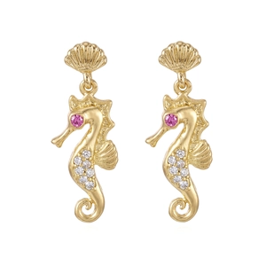 Detailed seahorse dangle earrings with shell stud and sparkling crystal accents