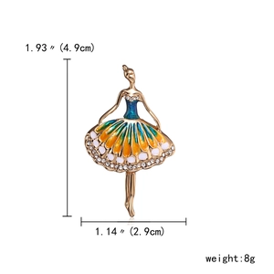 Detailed size chart of ballerina brooch with enamel dress and crystal rhinestones