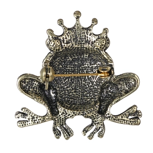 Detailed back view of bronze alloy frog brooch featuring safety pin and textured finish