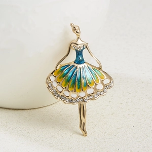 Elegant ballet dancer brooch with multicolored enamel and rhinestones on gold metal