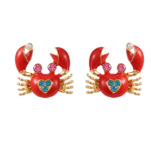 Fashionable red crab enamel earrings with blue heart rhinestones and pearl accents