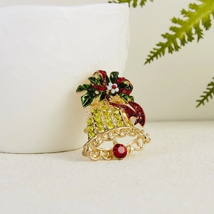 Weihnachtsglocken Brosche mit Goldfinish, roten Strasssteinen und Stechpalmen-Schleife
