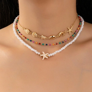 Three-layer ocean theme necklace with sea shell pendants and white imitation pearls