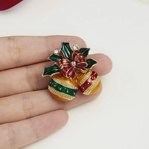 Weihnachtsglocken Brosche mit rotem grünem Emaille und Strass auf Goldlegierung