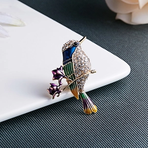 Eleganter Kolibri-Anstecker mit buntem Emaille und funkelnden Kristallen auf Goldlegierung