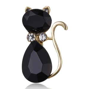 Detail van een kattenbroche met zwart gefacetteerde edelstenen en fonkelende kristallen