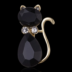 Detailopname van een gefacetteerde zwarte edelsteen kattenbroche met gouden finish en strass