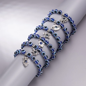 Evil Eye Blue Beaded Bracelet Alloy Charms Hamsa Hand Elephant Owl Turtle Butterfly Bohemian Ethnic Lucky Amulet Jewelry