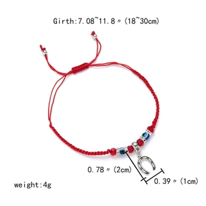 Detailed view of red woven Evil Eye bracelet showing adjustable girth and 4g weight specs