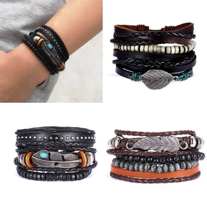 Set of four men's braided leather leaf and wood bead bracelets with adjustable cord