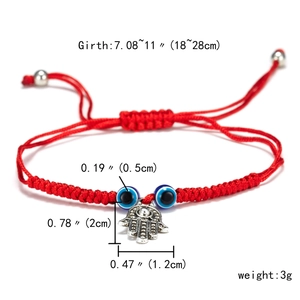 Detailed size guide for red woven evil eye bracelet with Hamsa hand pendant specs