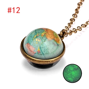 Luminous world map globe necklace in antique bronze with a retro green glow effect