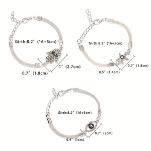 Tre braccialetti argentati Hamsa e Malocchio con catena regolabile di 16+5 cm