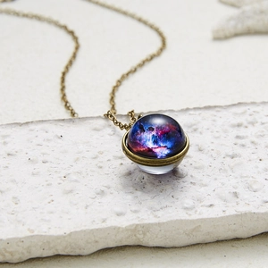 Vintage galaxy luminous pendant necklace with double-sided purple nebula glass ball and bronze chain