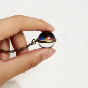 Vintage luminous galaxy glass sphere pendant necklace with bronze finish for women