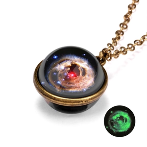 Vintage galaxy luminous necklace with double-sided space nebula glass pendant