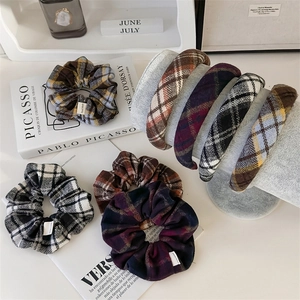 British plaid scrunchies and headband set made of high-quality flannel fabric
