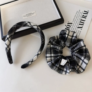 Classic black and white plaid scrunchie and headband set with a vintage tweed texture