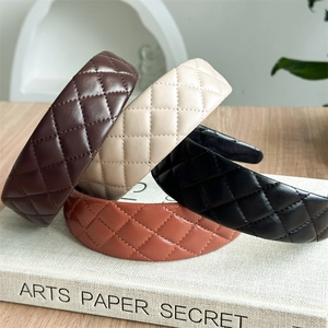 French Vintage PU Leather Quilted Headband For Women Autumn Winter High Top Wide Brim Hair Band Fashion Hair Accessories