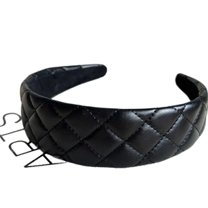 French vintage black quilted leather headband with a padded high top for women