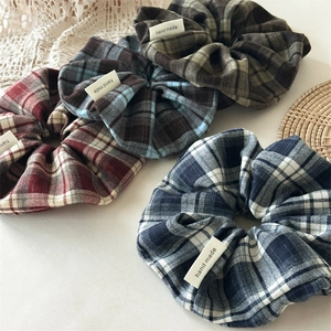 Vintage Preppy Plaid Fabric Scrunchies For Women Handmade Large Hair Ties Plaid Pattern Hair Accessories Retro Headband