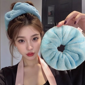 Light blue microfiber hair band and scrunchie set for washing face and skincare