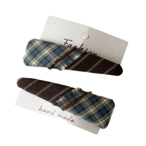 Set of 2 sweet plaid fabric triangle hair clips in blue, yellow, and brown tones