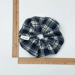 Classic blue and white plaid hair scrunchie with handmade label and 11cm diameter