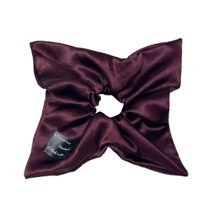 Elegant deep purple satin bow scrunchie for women with high-gloss finish and handmade texture