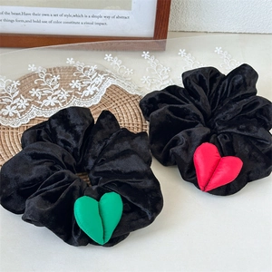 Chouchou en Velours Noir Vintage avec Cœur pour Femmes Grand Anneau de Cheveux Épais Élastique Accessoires de Coiffure Mode Commuter