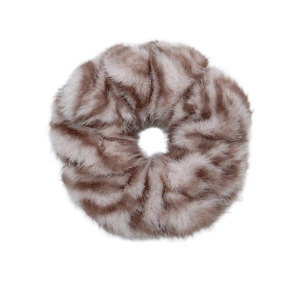 Furry leopard print scrunchie in brown and beige faux fur for elegant hairstyles