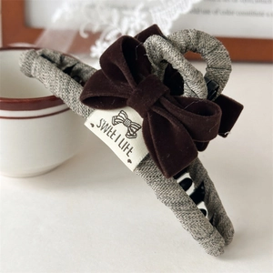 Vintage velvet bow hair claw clip for women in dark coffee brown with sweet life label