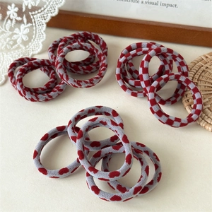 5Pcs set of thick knitted elastic hair ties in vintage red and grey patterns