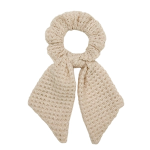 Handmade crochet cream bow scrunchie with knitted floral texture for women hair styling