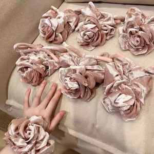 Élégant Chouchou Français Vintage en Velours Rose Forme Fleur Avec Nœud Grand Fait à la Main Accessoire Cheveux Femme