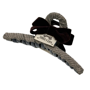 Retro grey herringbone large hair claw clip with dark brown velvet bow and sweet life label