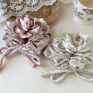 Détail de chouchous rose et blanc en velours avec rubans élégants sur dentelle
