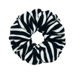 Classic black and white striped knitted scrunchie hair tie with high elastic fabric