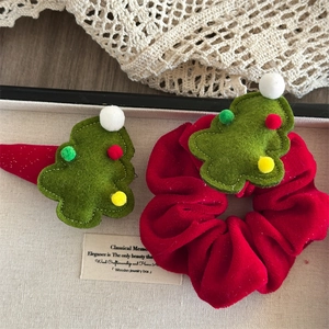 Christmas Tree Red Velvet Hair Scrunchie And Green Felt Tree Hair Clip For Women Girls Cute Xmas Party Hair Accessories